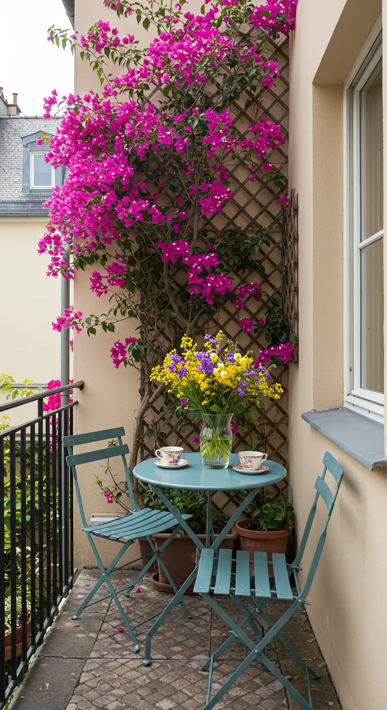 Balcon avec une table de bistrot bleue et un bougainvillier rose vif.