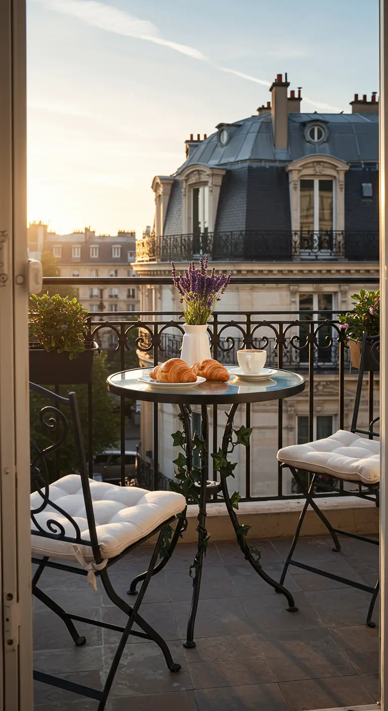 Table ronde en verre sur un balcon parisien au lever du soleil.