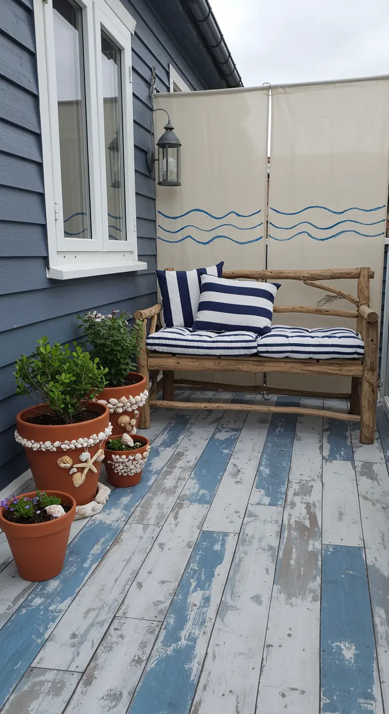 Terrasse style bord de mer avec plancher peint et coussins rayés.
