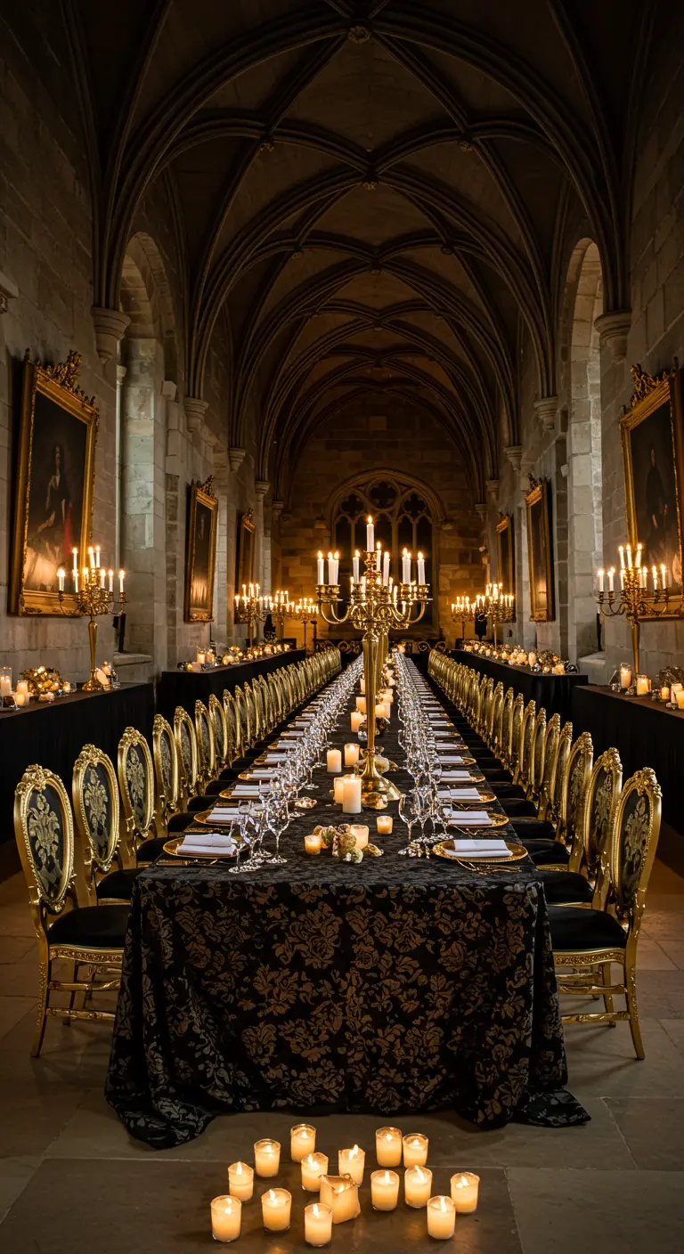 Longue table de banquet dans un château, avec nappe baroque, chaises et candélabres dorés.