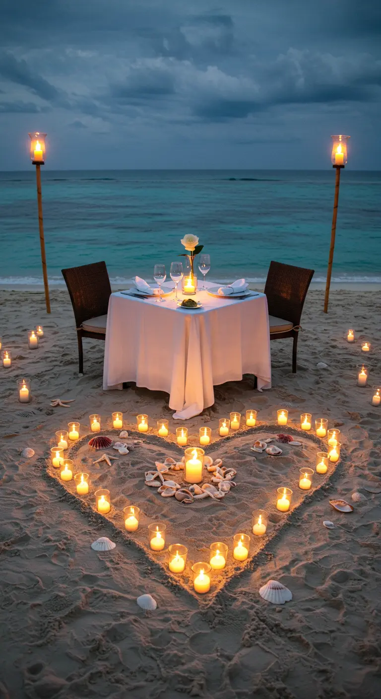 Dîner romantique pour deux sur la plage, entouré d'un grand cœur dessiné avec des bougies.