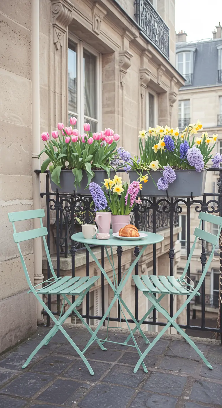 Balcon parisien avec table et chaises vert menthe et jardinières de tulipes.