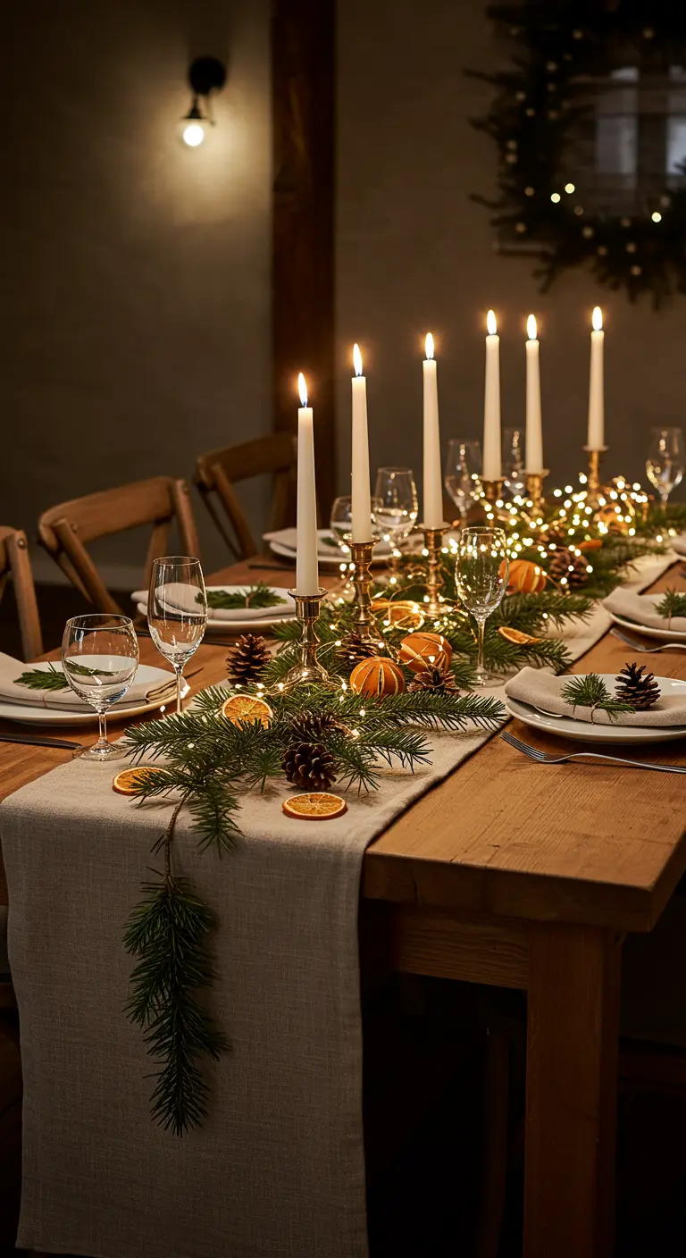 Table de fête en bois avec guirlande lumineuse, bougies et pommes de pin.