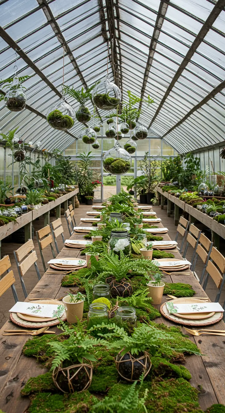 Table de fête dans une serre avec un chemin de table en mousse et des plantes suspendues.