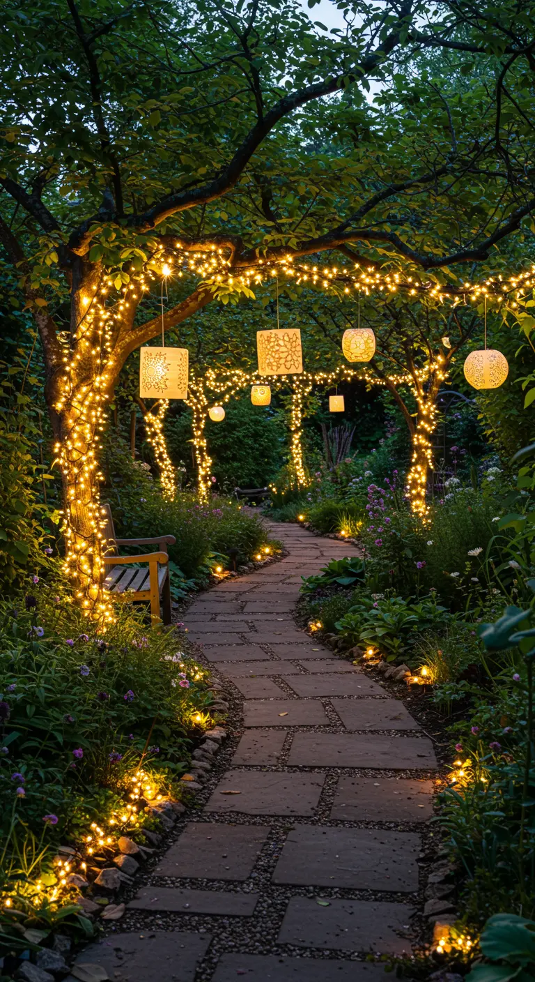 Allée de jardin pavée encadrée d'arbres ornés de guirlandes lumineuses et de lampions décoratifs.
