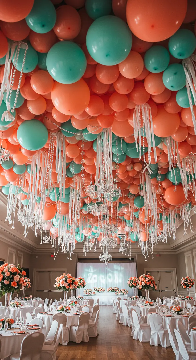 Plafond couvert de ballons corail et turquoise avec des guirlandes de perles.