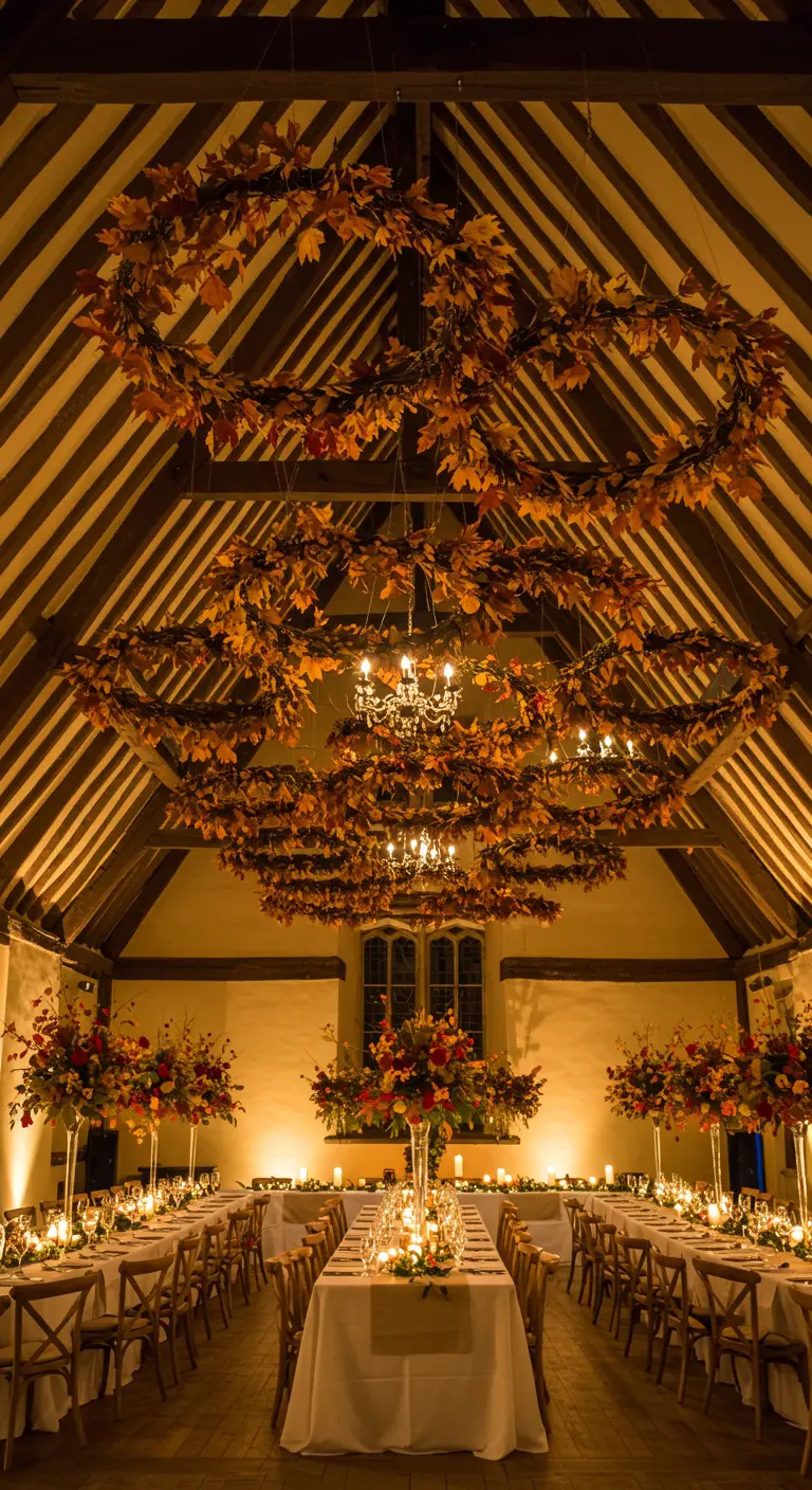 Grandes couronnes de feuilles d'automne suspendues au plafond d'une salle de réception.