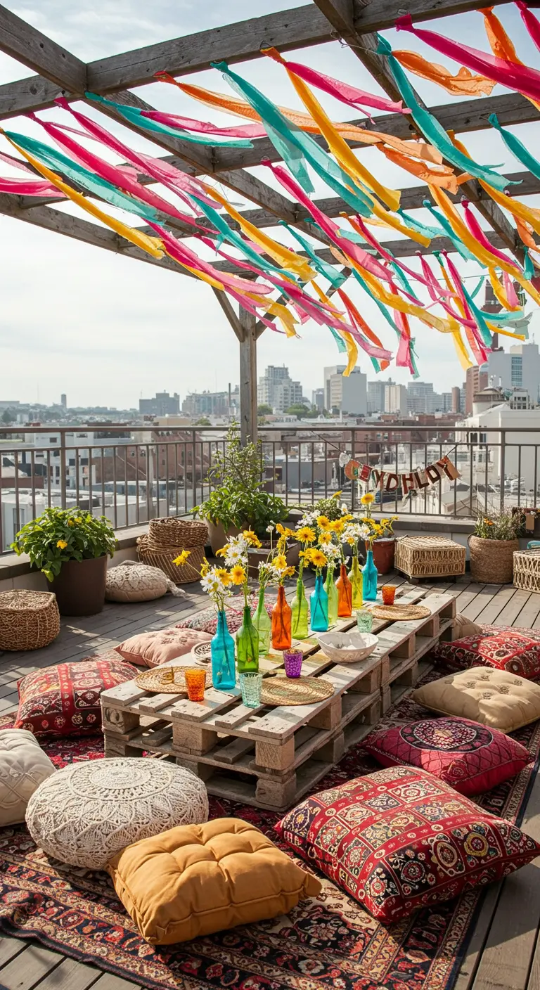 Toit-terrasse festif avec des rubans colorés flottants et des coussins au sol.