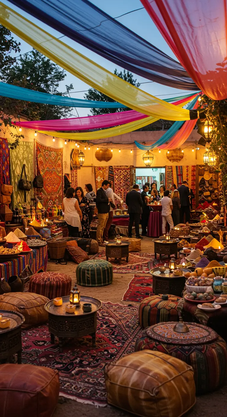 Marché oriental animé avec des tentures colorées suspendues au-dessus des invités.