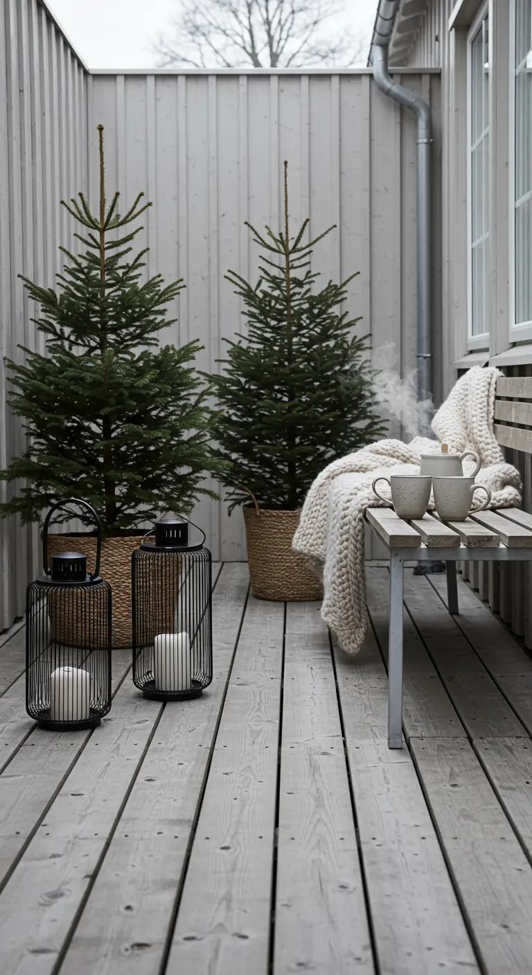 Balcon en bois avec deux sapins en pots, un banc et un plaid.
