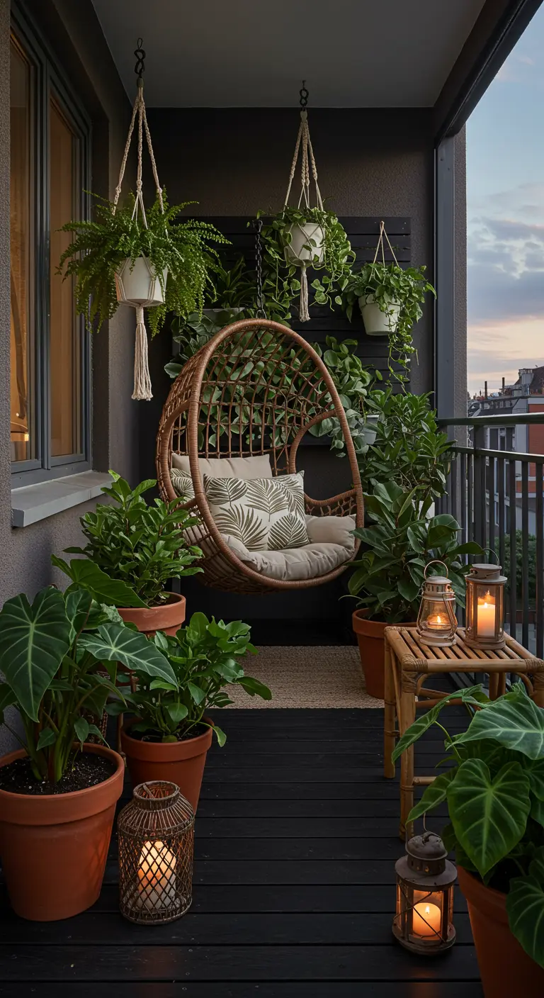 Fauteuil œuf suspendu en rotin sur un balcon sombre, entouré de plantes vertes et de lanternes.