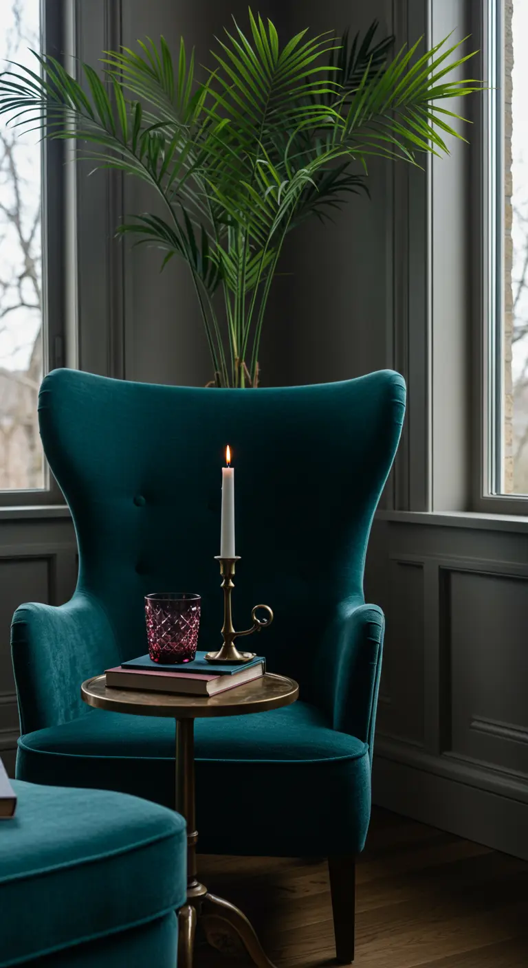Fauteuil en velours bleu canard avec une petite table, une bougie et une plante
