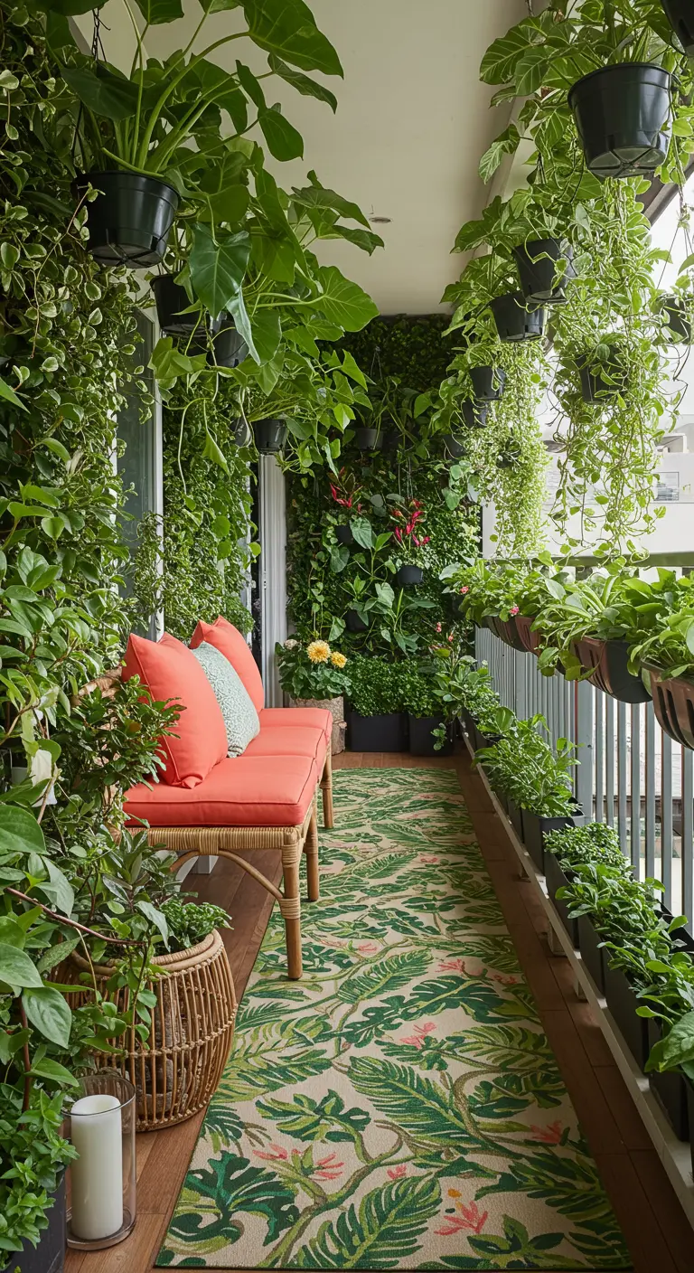 Balcon étroit et verdoyant avec un tapis de passage à motifs tropicaux et des plantes partout.