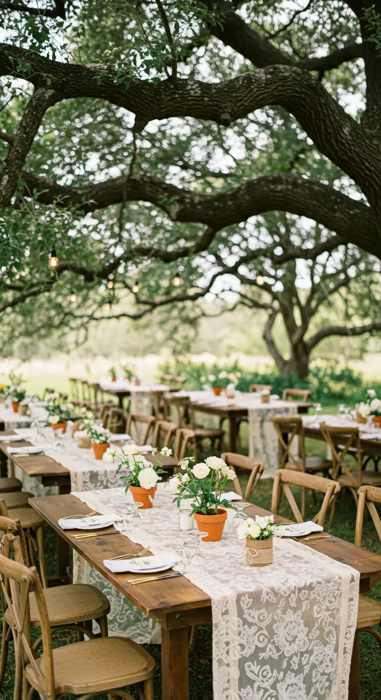 Table de mariage en plein air sous un grand chêne, avec des centres de table en pot.