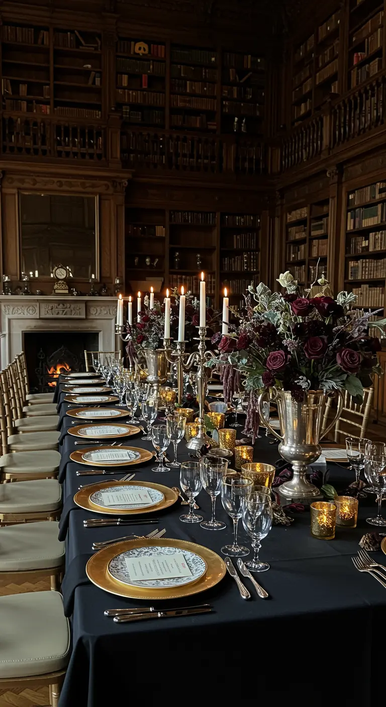 Table de dîner opulente dans une bibliothèque avec des bouquets de roses sombres.