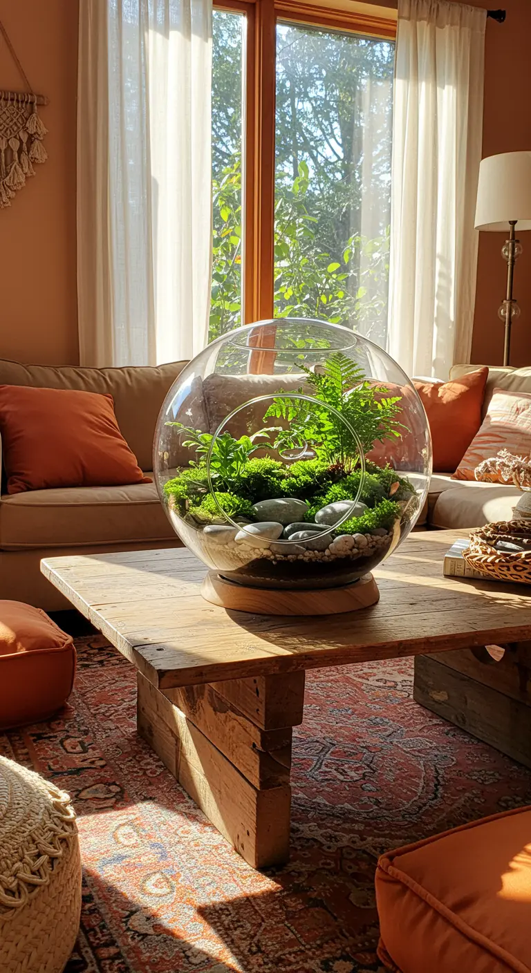 Grand terrarium sphérique avec fougères, mousse et pierres polies sur une table basse en bois.