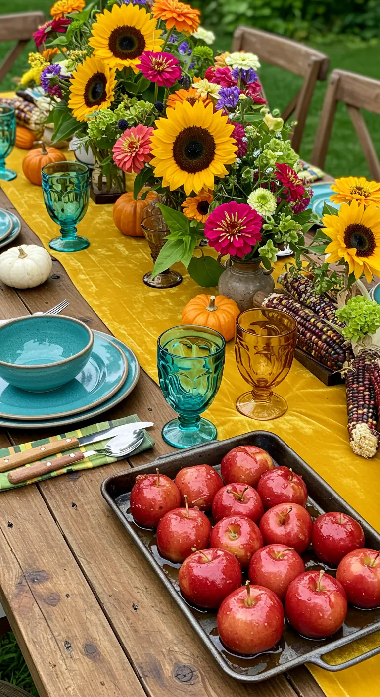 Table colorée avec chemin de table jaune, fleurs vives et vaisselle turquoise.