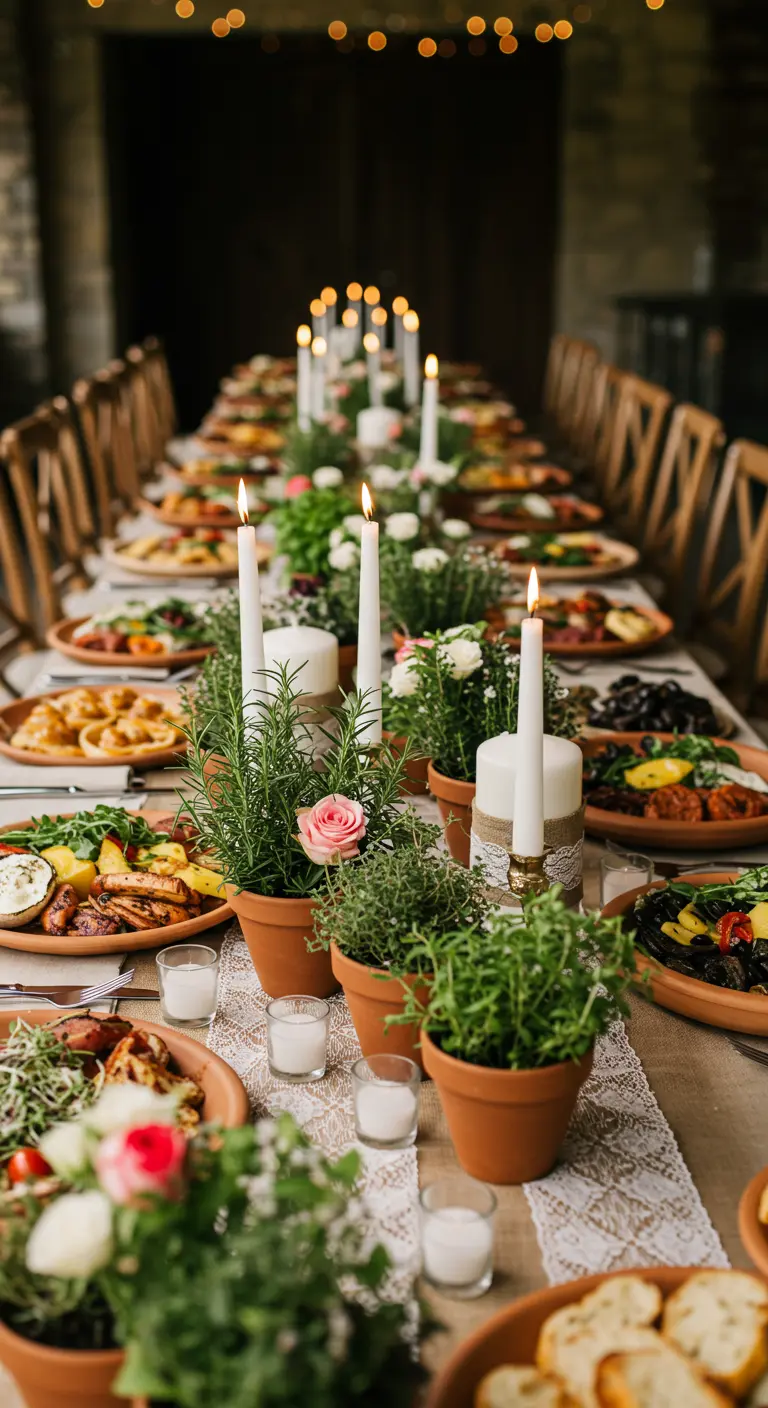 Table de banquet méditerranéen avec des pots d'herbes aromatiques et des fleurs.