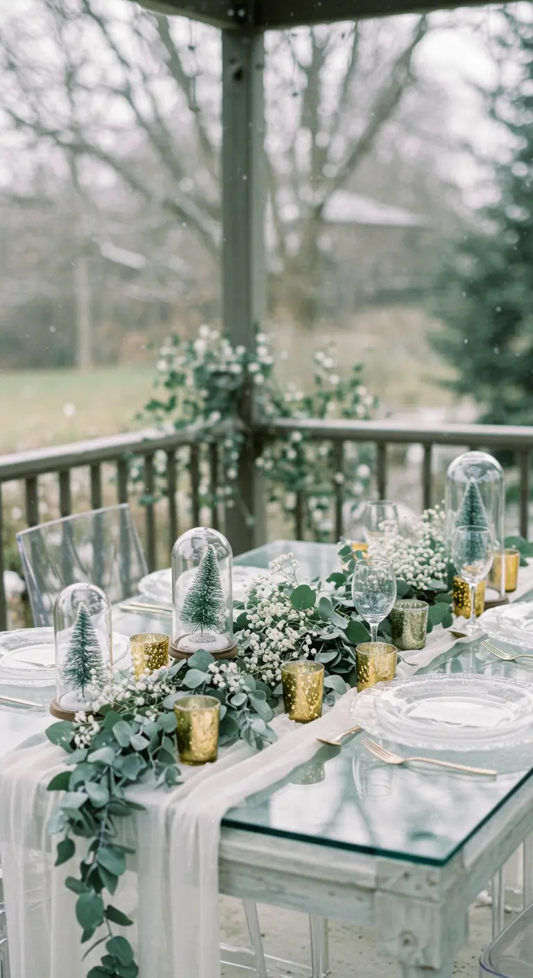 Table de fête élégante avec des mini-sapins sous cloche et une guirlande d'eucalyptus.