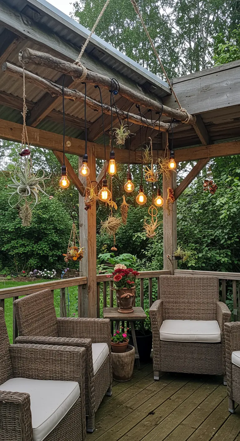 Lustre DIY fait d'une branche, d'ampoules Edison et de plantes aériennes suspendues.