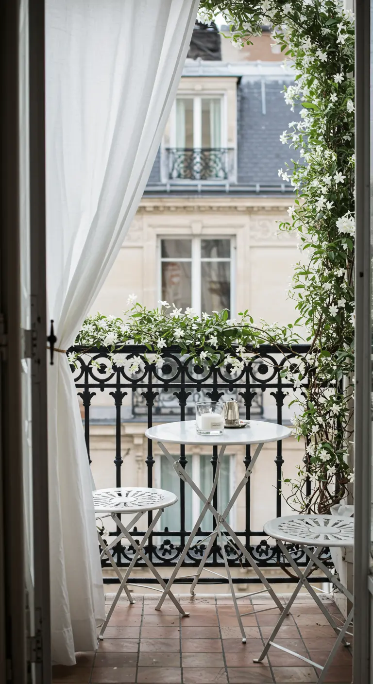 Petit balcon parisien avec une table bistro blanche et du jasmin blanc grimpant.