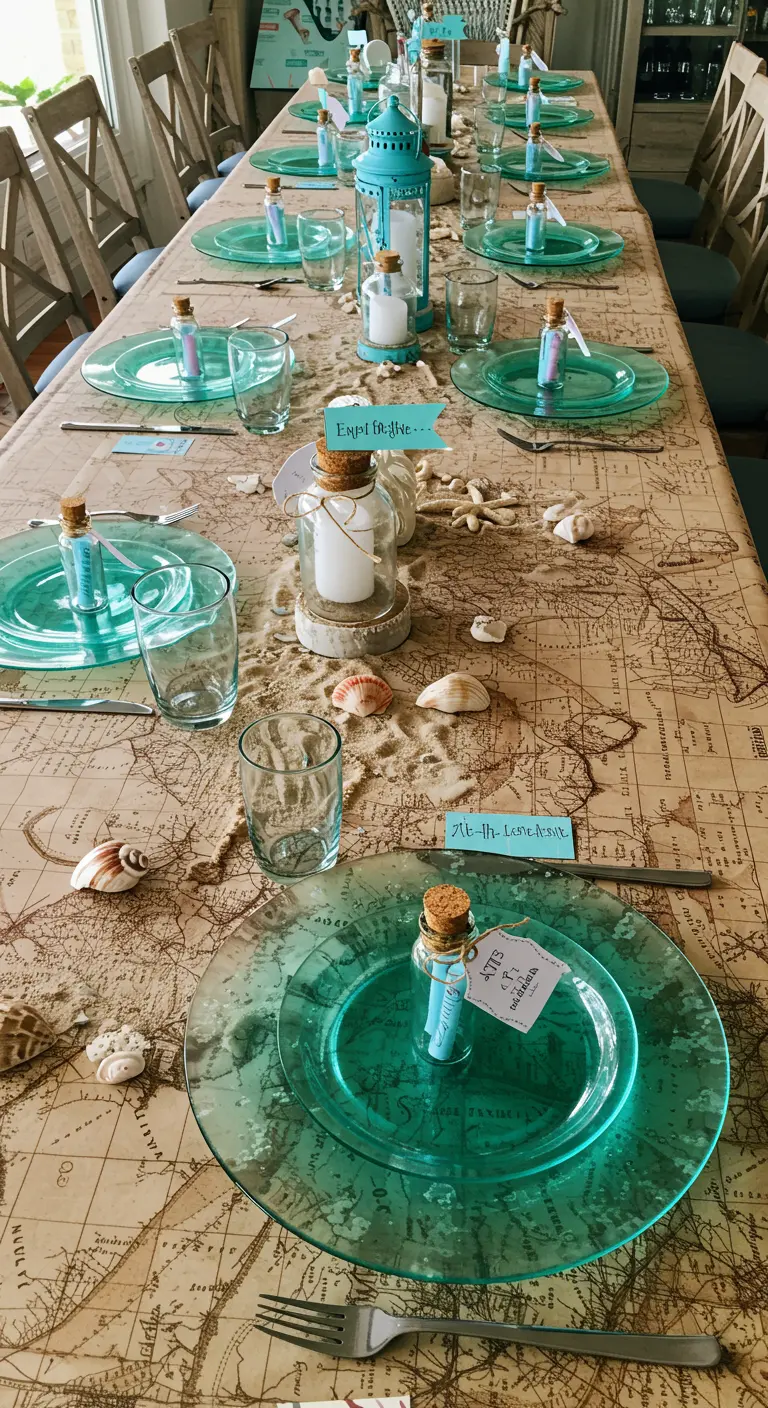 Table de fête avec une nappe carte du monde, assiettes turquoise et messages dans des bouteilles.