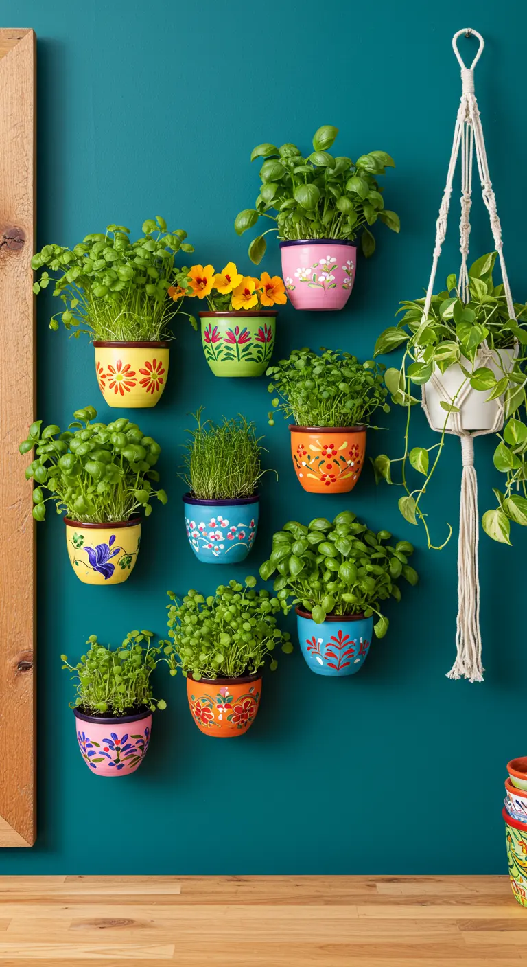 Pots colorés et peints à la main avec herbes fraîches et suspension macramé sur mur turquoise.