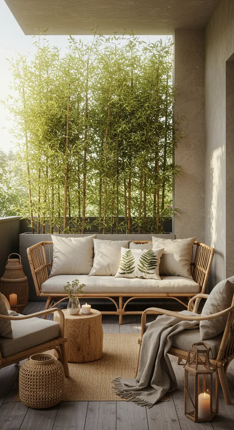 Salon de jardin en rotin sur un balcon avec un mur de bambous en guise de brise-vue.