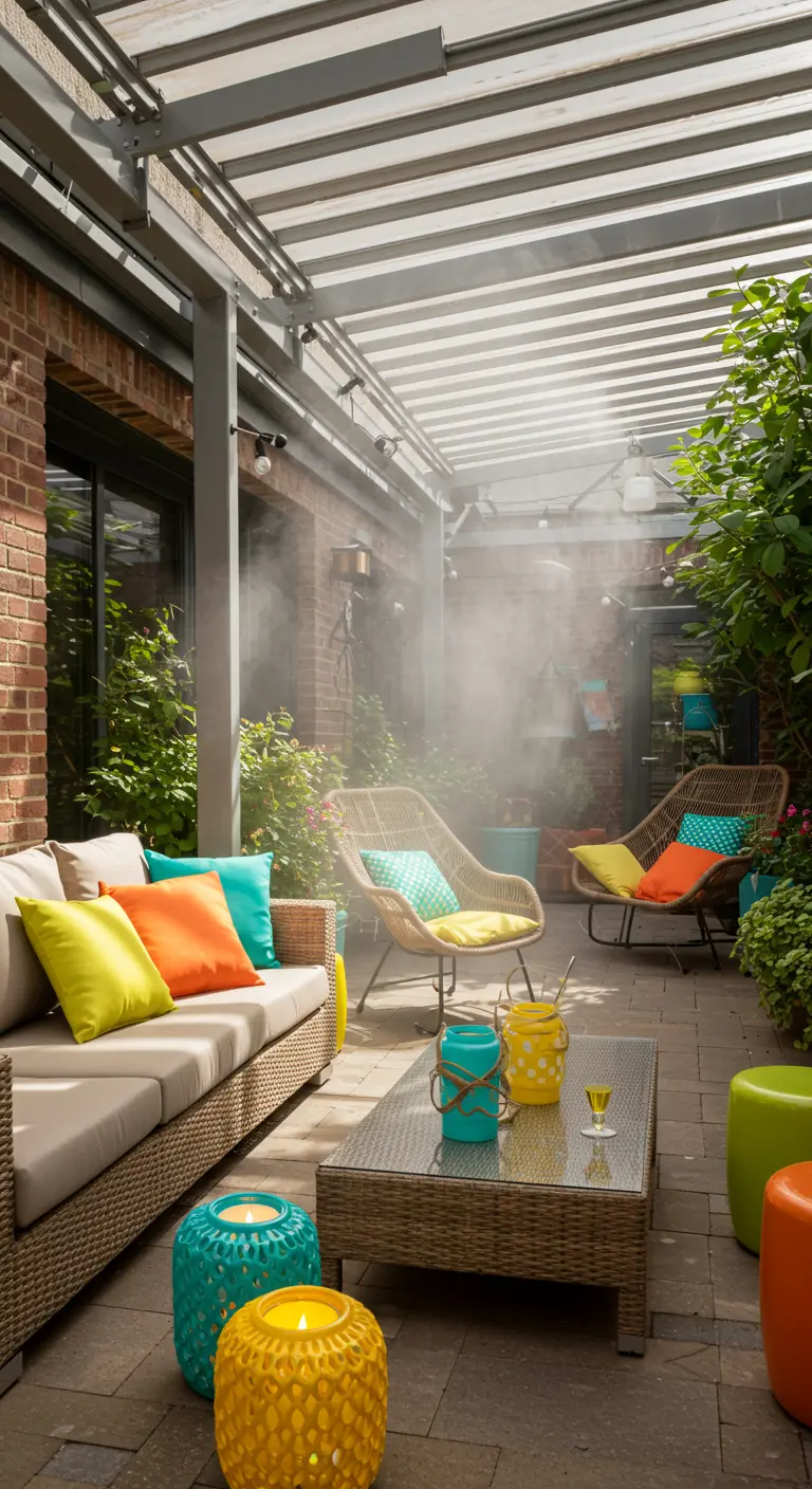 Patio avec canapé en rotin, coussins colorés, poufs lumineux, table basse en verre et brumisateurs.