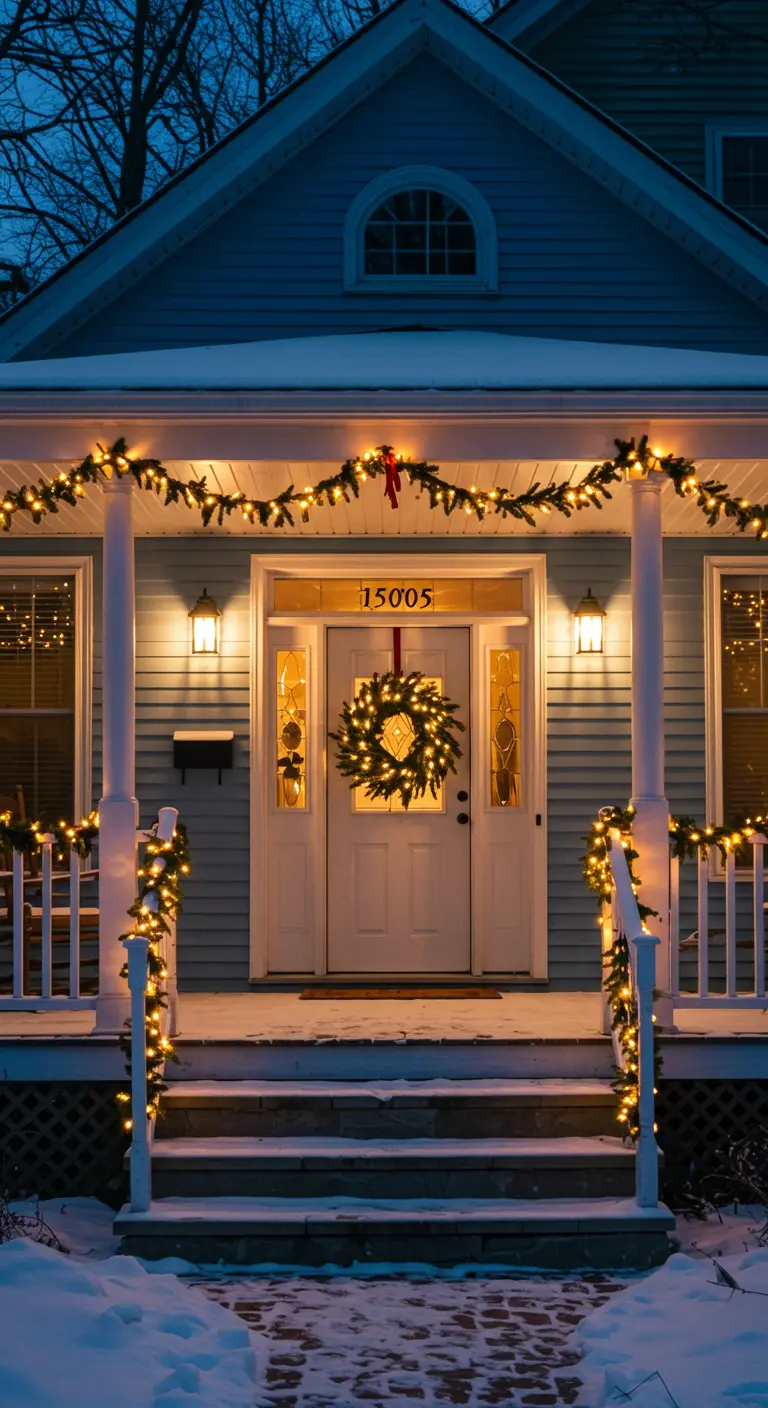 Maison avec un porche d'entrée décoré de guirlandes lumineuses et d'une couronne.
