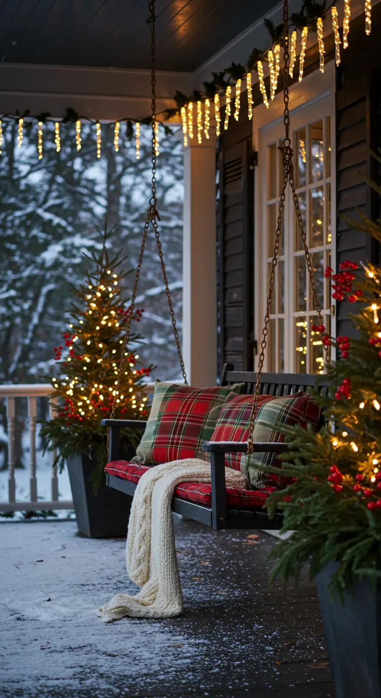 Balançoire de porche décorée pour l'hiver avec coussins écossais.