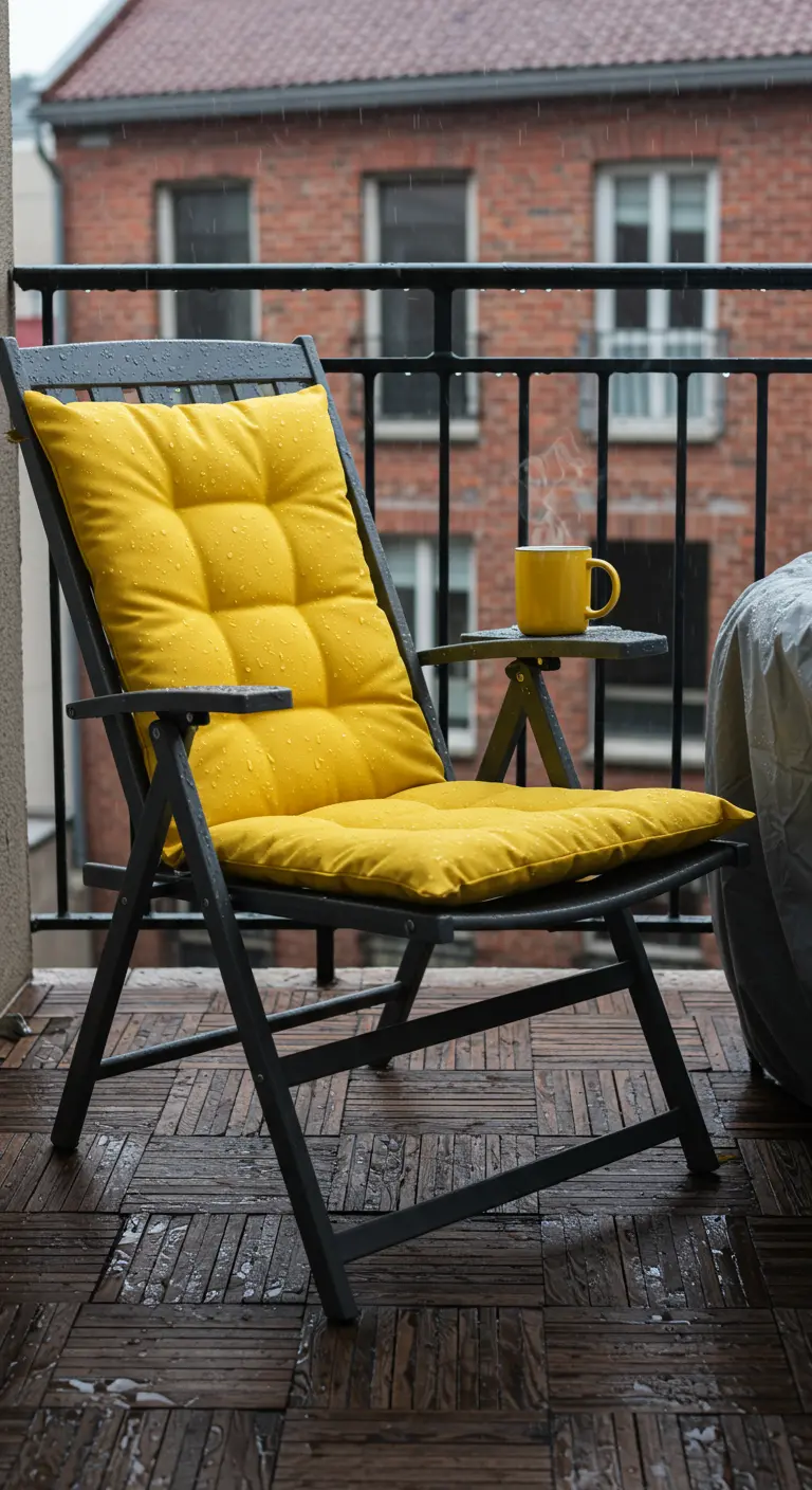 Chaise de balcon avec un coussin jaune vif un jour de pluie.