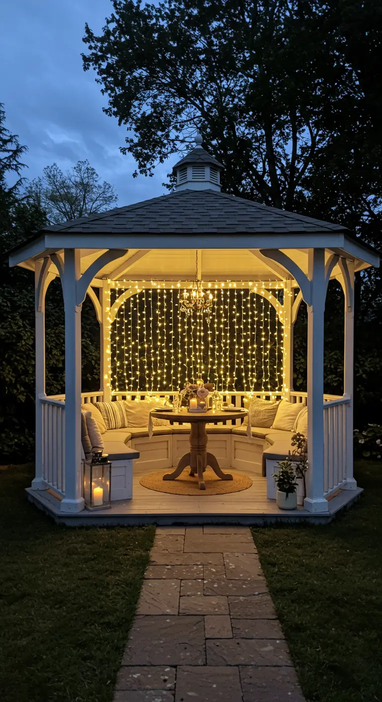 Kiosque de jardin blanc illuminé par un rideau de guirlandes lumineuses et des bougies.