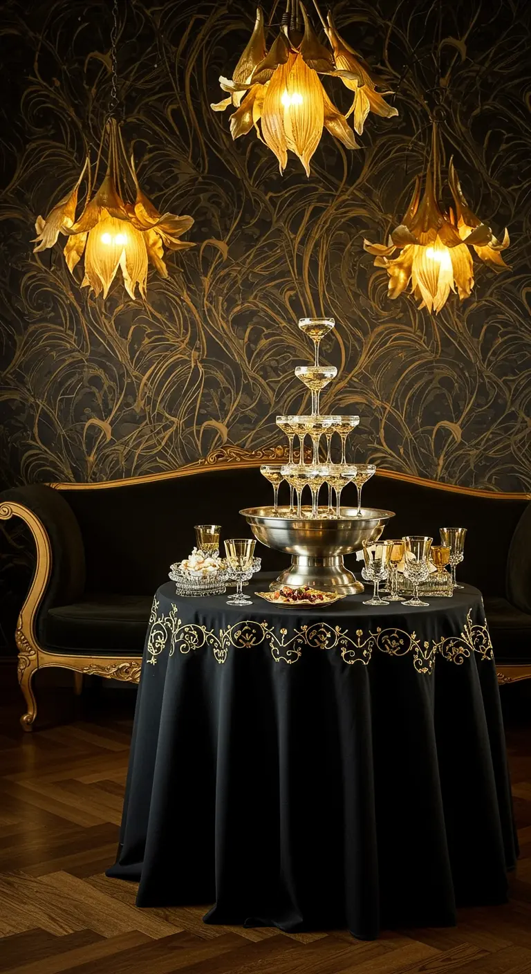 Pyramide de champagne dans un salon de style Belle Époque avec canapé baroque.