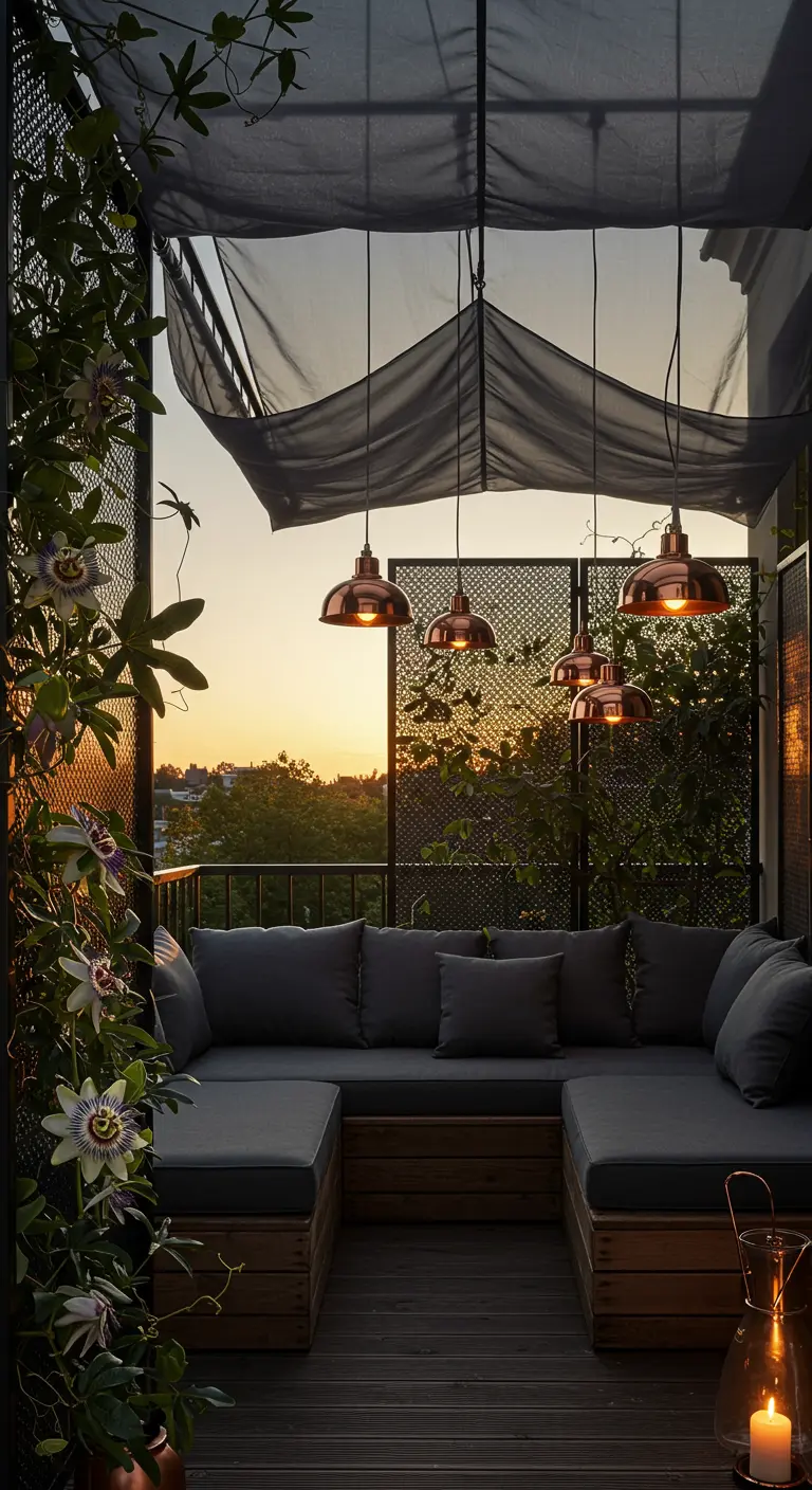 Balcon lounge avec une pergola, un canapé d'angle et des fleurs de la passion.