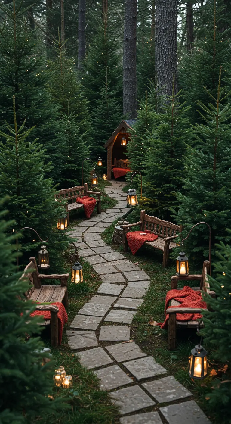 Chemin sinueux en pierre bordé de bancs, de lanternes et de sapins.