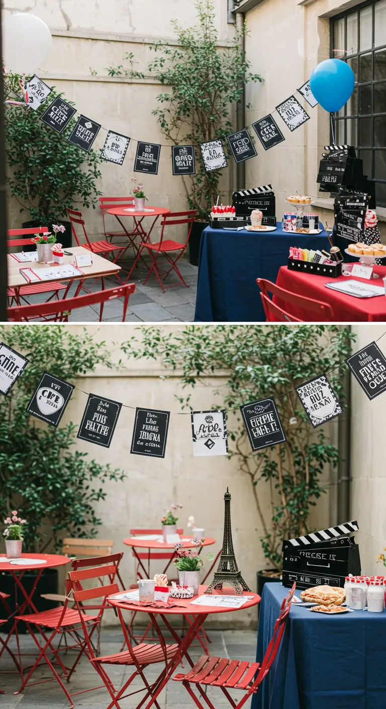 Ambiance de café parisien en plein air avec des tables de bistrot rouges et une déco cinéma.