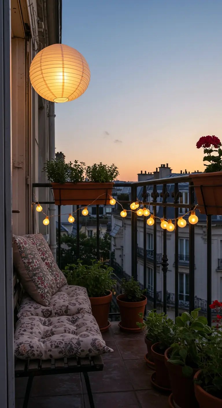 Balcon parisien avec une lanterne en papier, des plantes en pot et une vue sur les toits