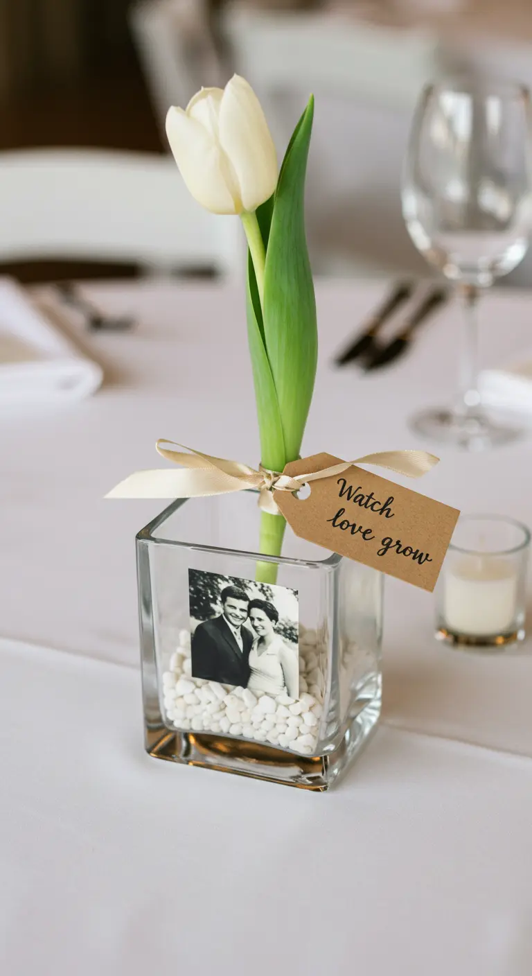 Vase carré avec une photo, des galets blancs et une tulipe.