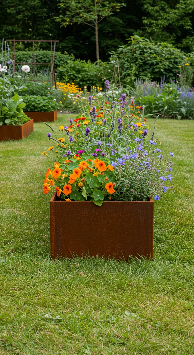 Jardinière carrée en acier Corten remplie de fleurs colorées sur une pelouse verte.