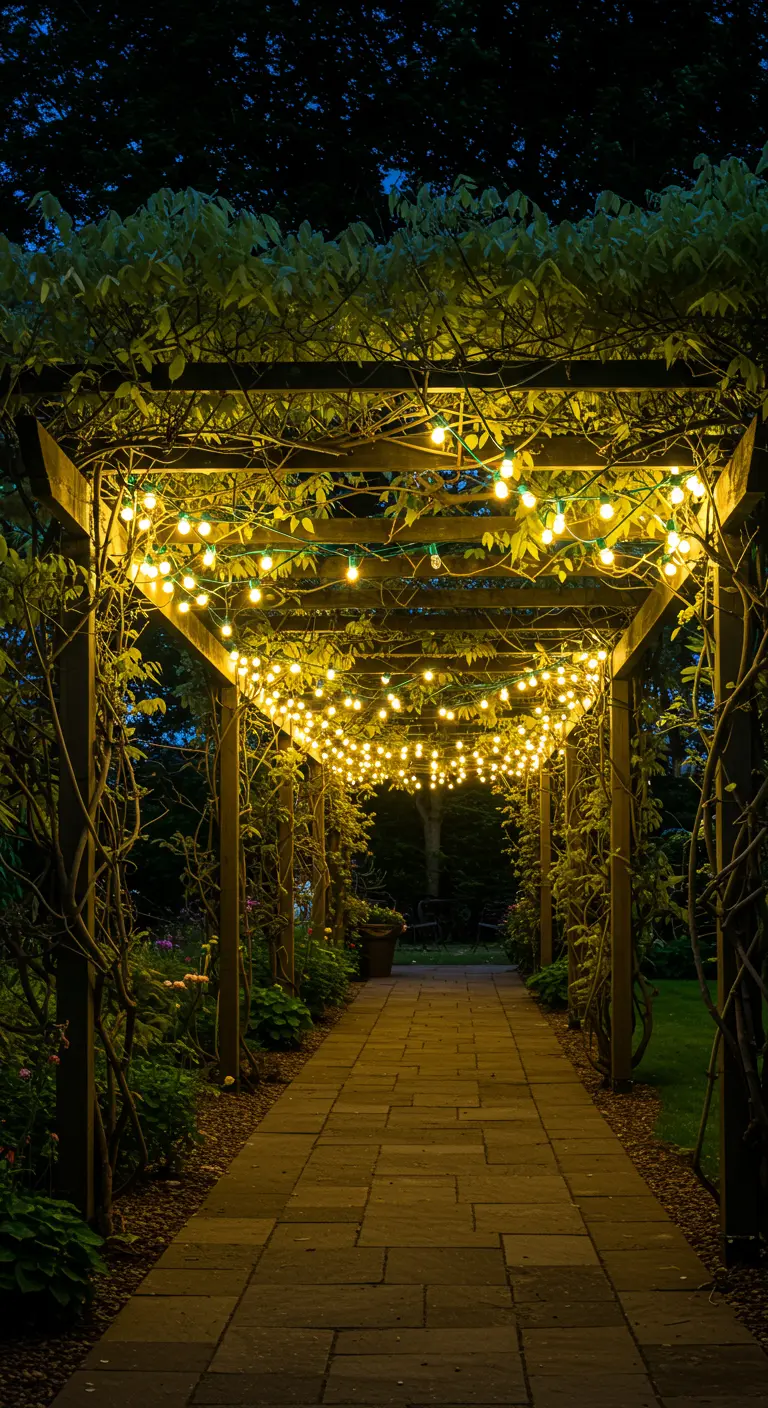 Longue pergola couverte de vignes et illuminée par des guirlandes d'ampoules suspendues.