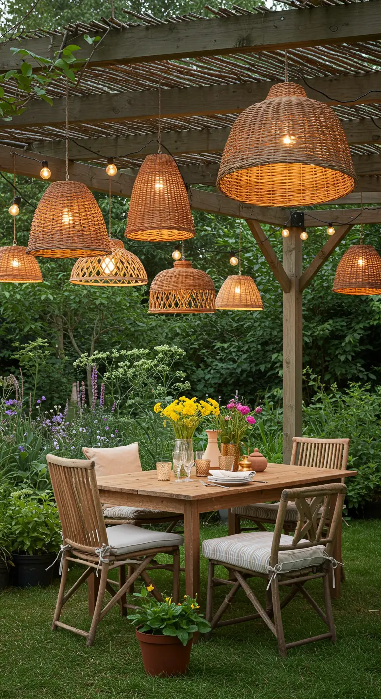 Abat-jours en osier de différentes formes suspendus au-dessus d'une table à manger dans un jardin.