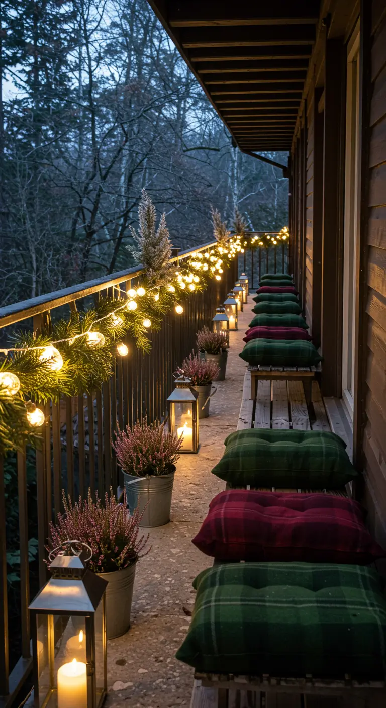 Long balcon avec coussins à carreaux, bruyères en pot, guirlande lumineuse et lanternes. 