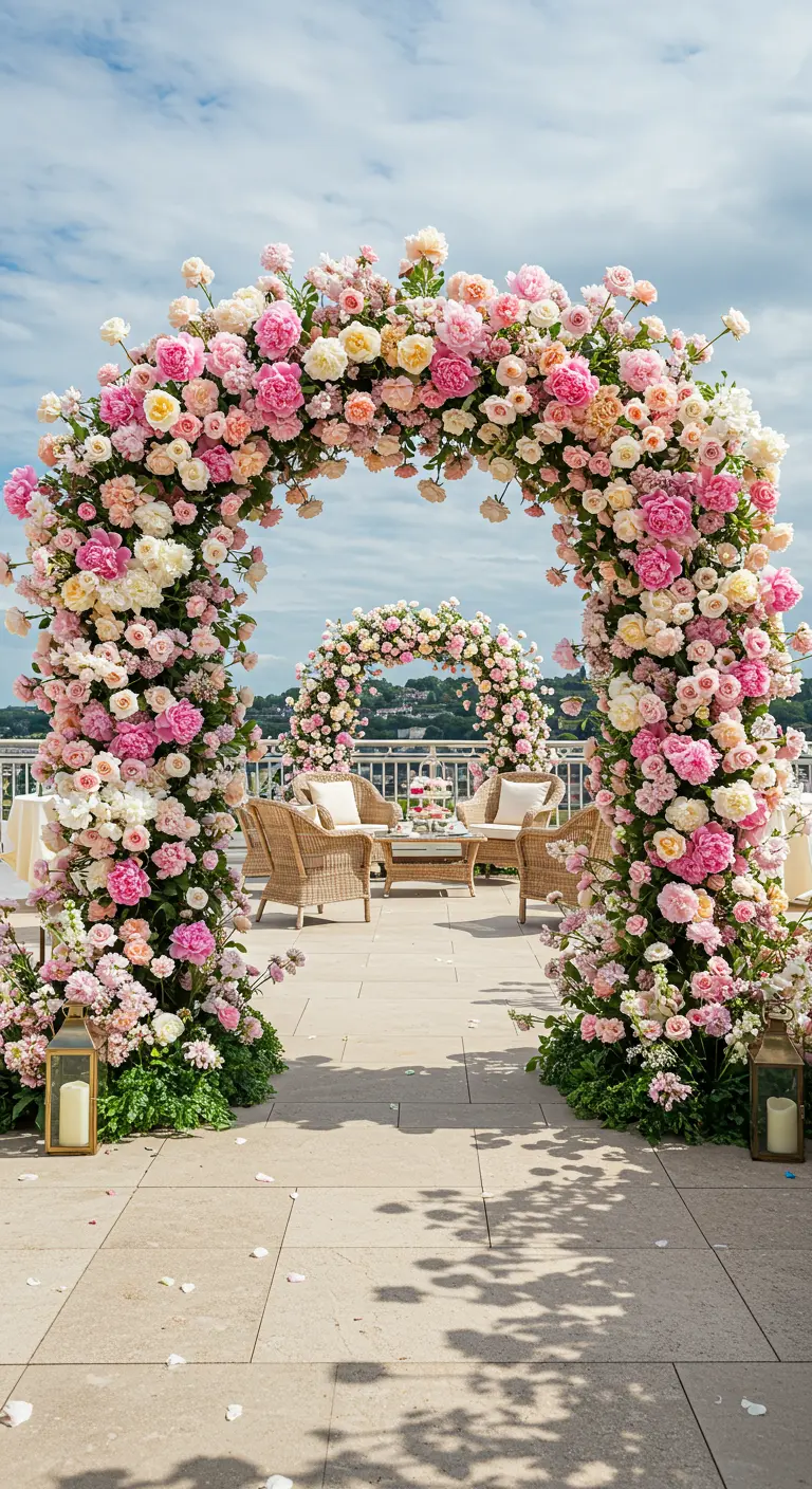 Arche florale spectaculaire composée de roses roses et blanches sur une terrasse avec vue.