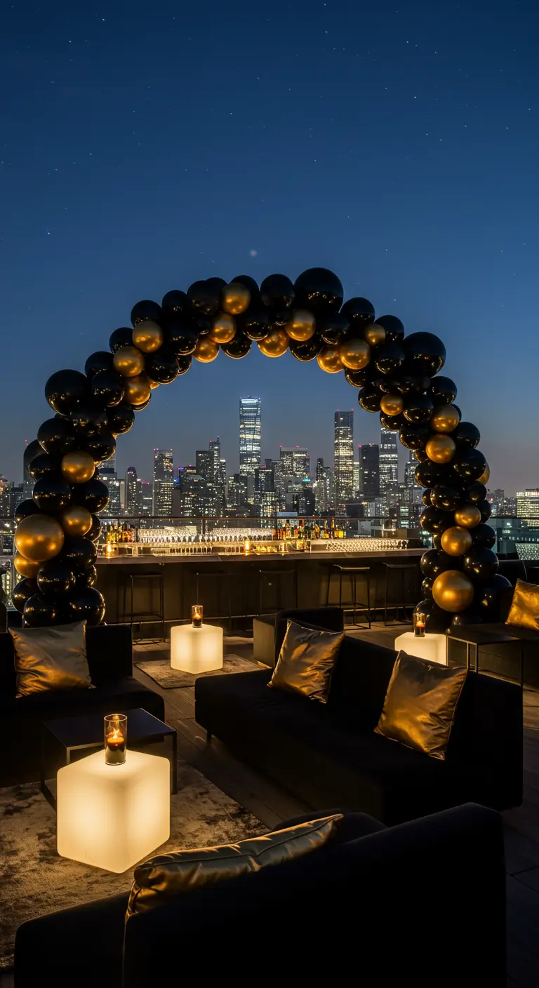 Arche de ballons noirs et or sur un rooftop surplombant une ville de nuit.
