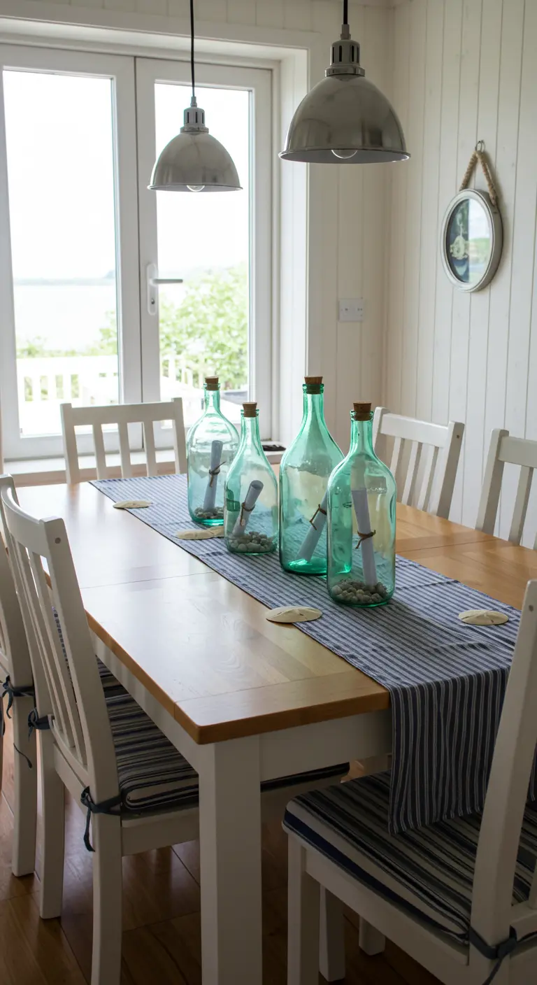 Quatre bouteilles en verre vert contenant des messages enroulés, posées sur un chemin de table bleu.