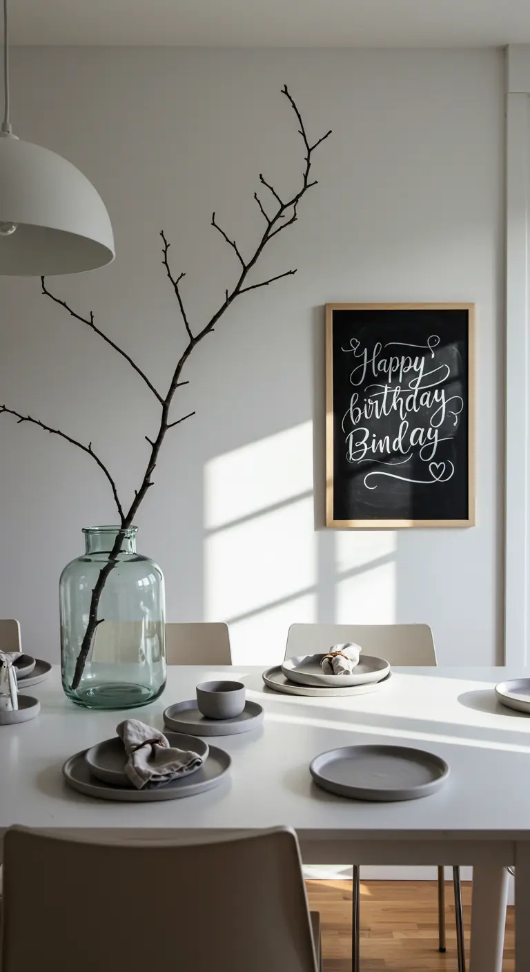 Table minimaliste avec une branche dans un vase et un tableau noir.