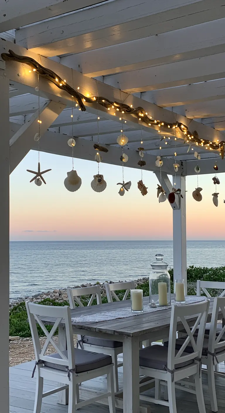 Terrasse en bord de mer avec des lumières enroulées sur du bois flotté et des mobiles de coquillages.