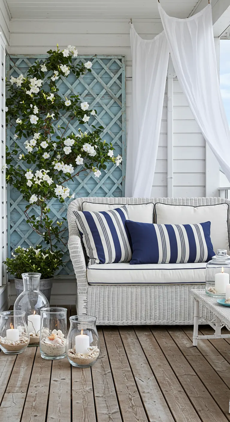 Balcon de style côtier avec un canapé en rotin blanc et des fleurs blanches.