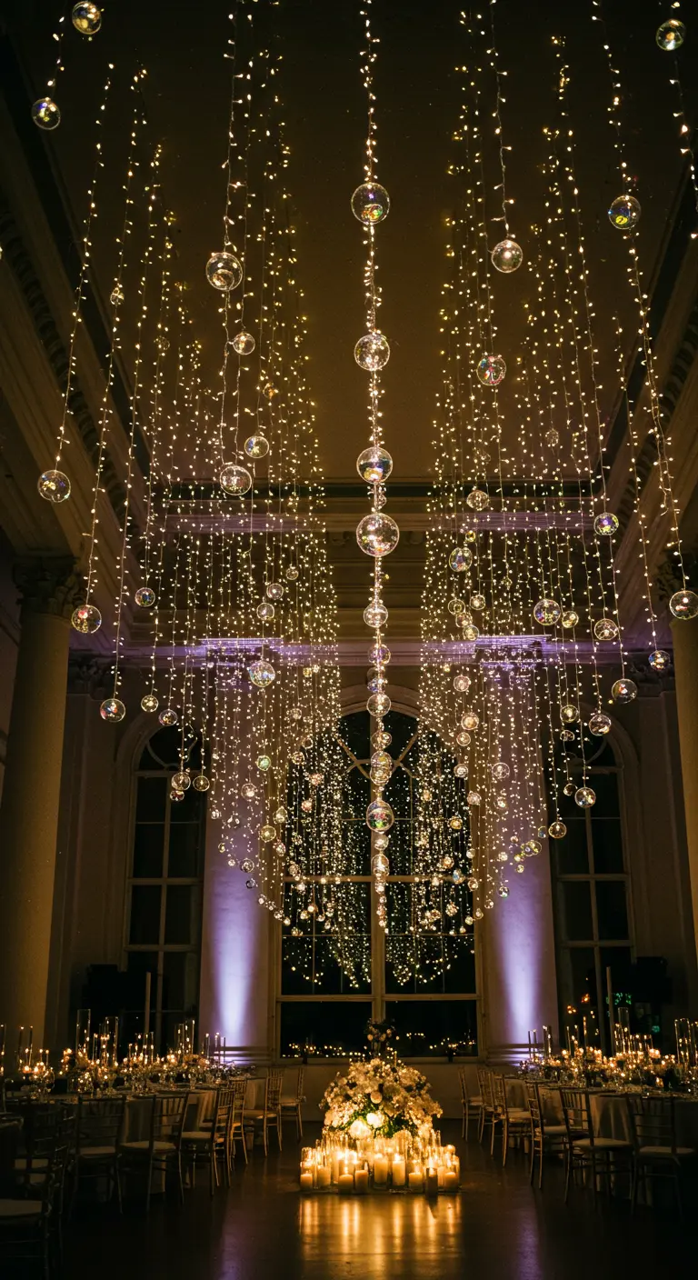 Installation de guirlandes lumineuses suspendues verticalement au-dessus de tables de fête.